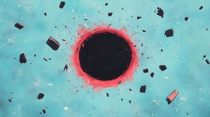Lighthearted Depiction of a Black Hole Surrounded by Floating Objects Against a Vibrant Blue Background, Perfect for Creative Projects or Educational Content