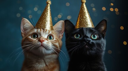 Festive cats party hats bokeh background celebration (1)