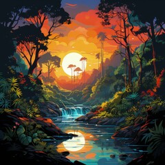 Jungle Scene at Sunrise with Mist and Tropical Flora