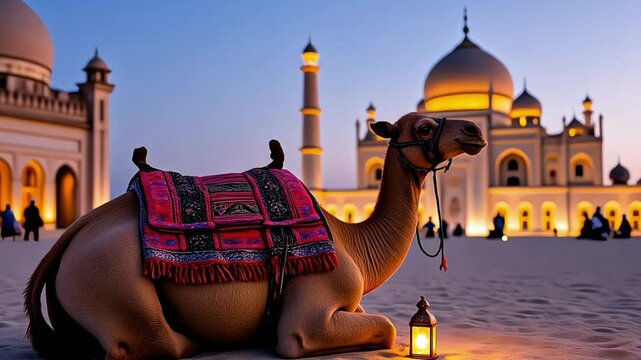 Eid ul adha mubarak theme, a camel in a desert, mosque in the background
