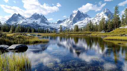 serene mountain ecosystem with snow capped peaks and pine trees