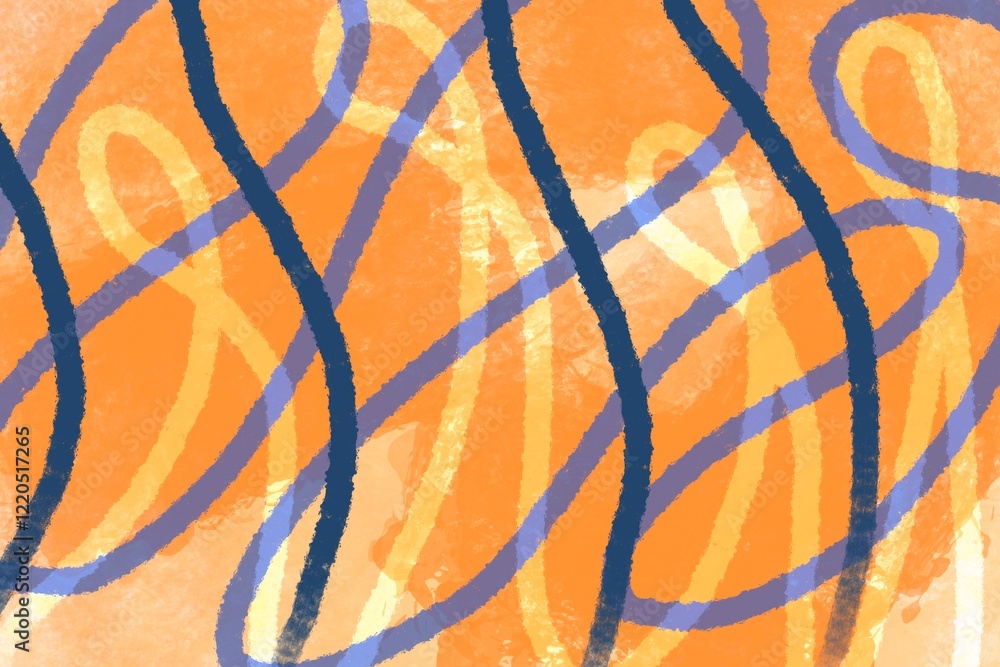 Poster colorful abstract lines intertwining on a vibrant orange background creating a lively visual experie