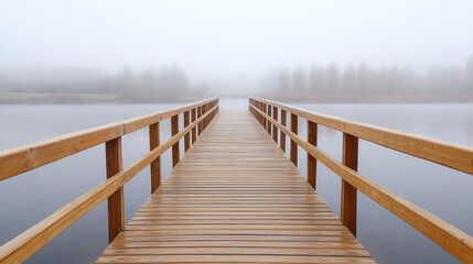 serene wooden bridge extends into misty lake, creating tranquil atmosphere