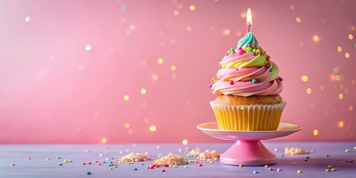 A colorful birthday cupcake sitting atop a stack of tiered cupcakes on a pastel pink background