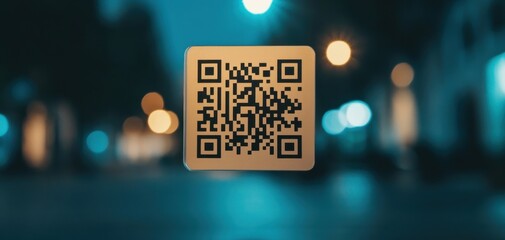 A digital QR code stands out against a blurred urban street backdrop, symbolizing innovation and connectivity in modern life.