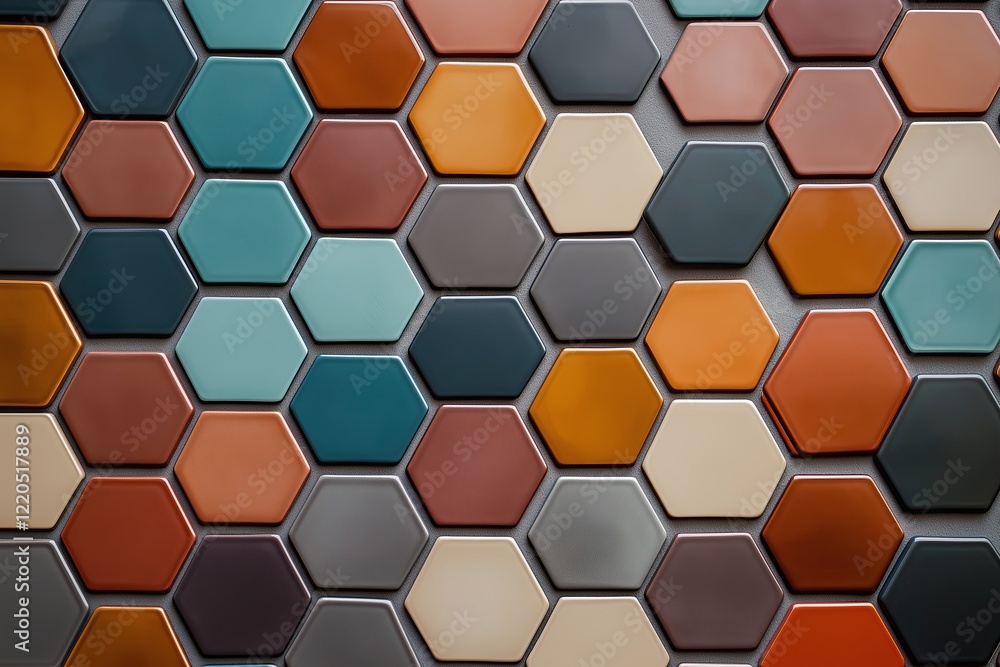 Poster Gradient hexagonal tiles shifting in shades from warm to cool tones