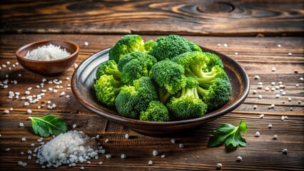 A bowl of fresh broccoli florets seasoned with sea salt on a rustic wooden table