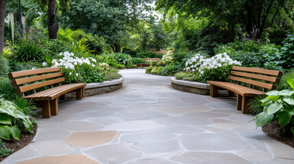 peaceful scene of memorial garden with benches and flowers