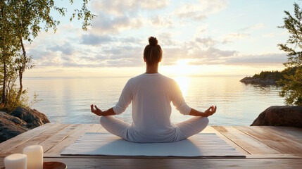 peaceful scene of person practicing yoga at sunset by water
