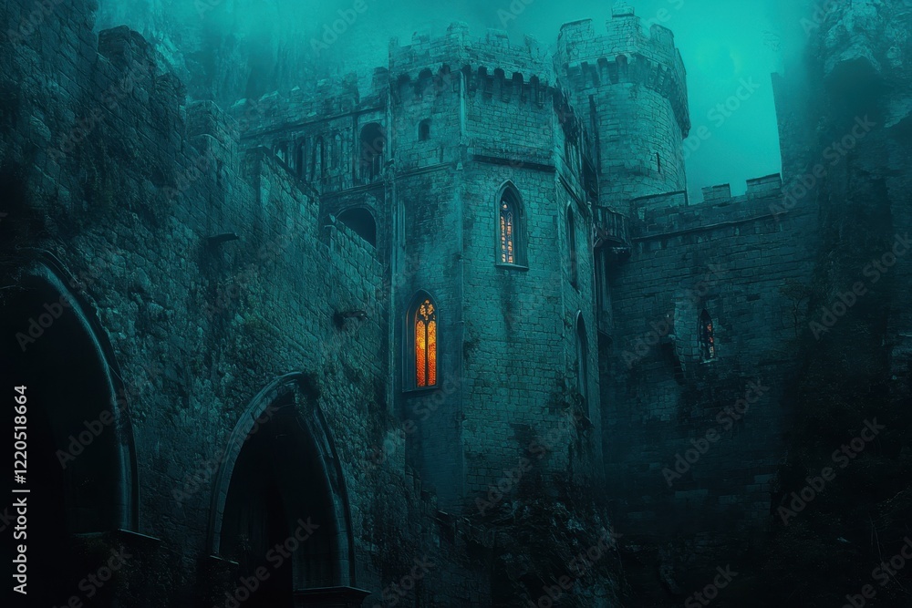 Aufkleber mysterious castle surrounded by fog with illuminated window at twilight