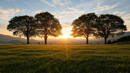 serene sunset over grassy landscape with silhouetted trees