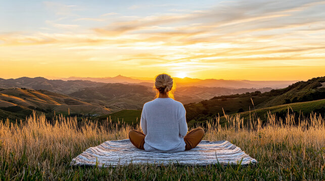 peaceful sunset over rolling hills with person meditating