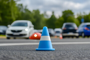 A traffic cone on the asphalt in front of an open driving school