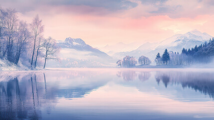 Fototapeta premium A watercolor artwork of a calm lakeside at sunrise, soft pastel colors blending into the sky, reflections of mountains and trees on the still water