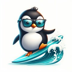 Obraz premium A cool penguin wearing sunglasses and surfing.