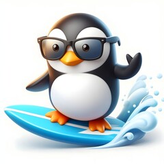 Obraz premium A cool penguin wearing sunglasses and surfing.