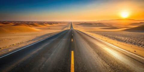 Naklejka premium Asphalt road stretching towards a desert sunset, a journey of endless possibilities and adventure awaits