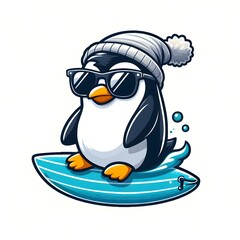 Fototapeta premium A cool penguin wearing sunglasses and surfing.