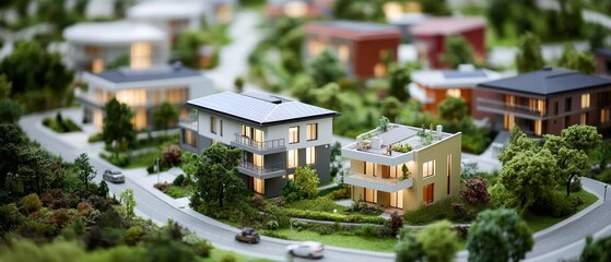 Fototapeta premium A detailed model village with lush green trees and cozy houses creates a serene miniature world.