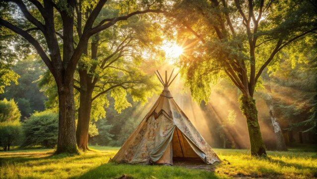 Serene sunrise illuminating a teepee nestled amongst majestic trees in a sun-drenched forest clearing.