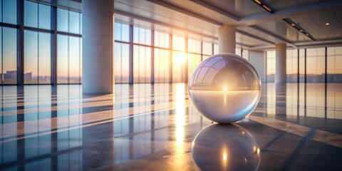 Modern office interior with a glass sphere reflecting a sunset