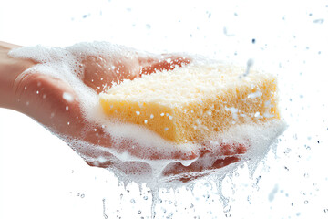 Fototapeta premium A close-up of a hand holding a soapy sponge with bubbles, symbolizing cleanliness and hygiene in daily life, perfect for household and wellness themes.