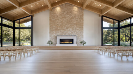 Fototapeta premium Modern rustic interior with wooden beams and stone fireplace