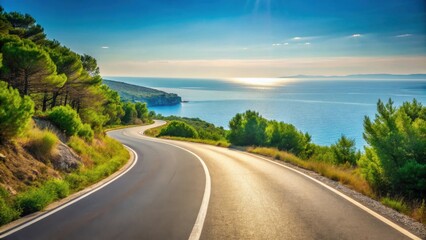 Fototapeta premium Scenic Coastal Highway Winding Through Lush Green Vegetation Towards a Calm Ocean Under a Bright Sunny Sky
