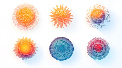 Abstract solar panel icons with geometric sun patterns.