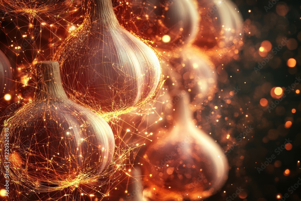 Poster garlic bulbs illuminated with glowing particles creating a stunning visual display