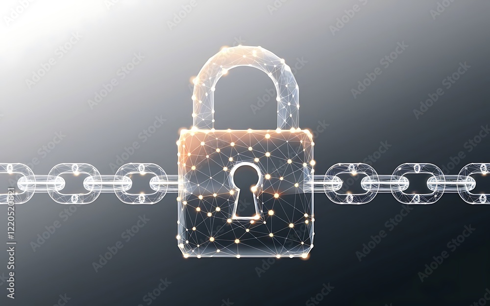 Poster secure link: abstract polygonal padlock secured by a chain, symbolizing data protection, cybersecuri