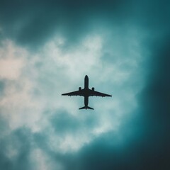 Airplane silhouette against dramatic cloudy sky background
