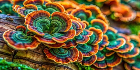 Vibrant Cluster of Multicolored Shelf Fungi on a Weathered Log