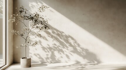 Minimalist interior with indoor tree and white staircase
