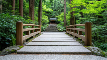 Fototapeta premium serene forest path leads to small shrine surrounded by lush greenery