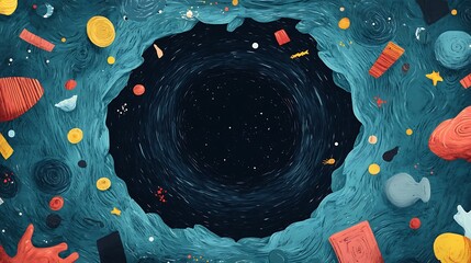 Lighthearted Depiction of a Black Hole Surrounded by Colorful Objects and Whimsical Elements, Showcasing an Imaginative Cosmic Scene