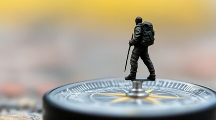 A human figure searching for identity, climbing a compass and wearing a backpack on a journey to find direction and purpose in life full of challenges