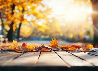 Autumn background with an empty wooden table and a blurred autumn park with generative ai