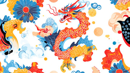 Fototapeta premium A vibrant and intricate illustration featuring a mythical dragon surrounded by colorful flowers and whimsical elements, embodying cultural symbolism and artistry.