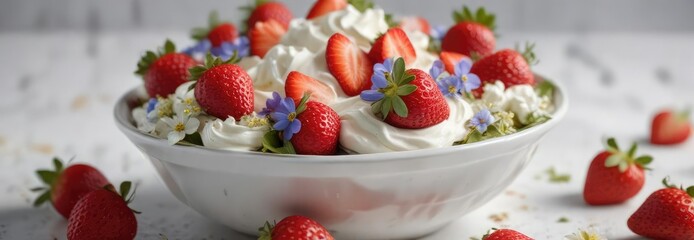 A colorful bowl of fresh strawberries and whipped cream, garnished with edible flowers , whipped cream, floral arrangement, flower garnish