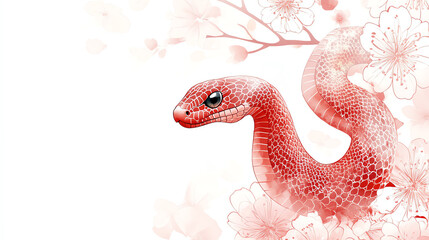 Fototapeta premium A vibrant illustration of a red snake surrounded by delicate floral motifs, blending art and nature in a captivating design for various uses.