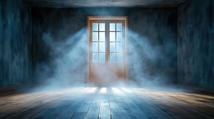 haunting scene of dimly lit room with mysterious door