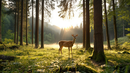 serene forest at dawn with mist rising and deer standing gracefully