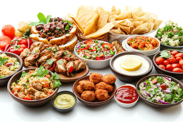 A vibrant spread of delicious dishes including grilled meats, fresh salads, and various dips, showcasing the diversity of culinary delights.