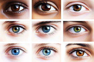 Close-up images showcasing diverse human eyes with various colors and expressions, capturing the beauty and uniqueness of each individual's gaze.