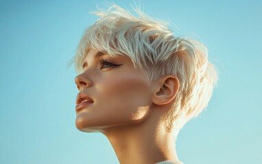 A short pixie cut hairstyle in platinum blonde, with a textured, edgy finish, highlighted against a soft sky-blue background