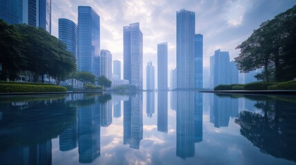 Obraz premium Cityscape reflection, misty dawn, urban park, tranquil scene, business