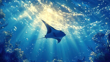 Manta ray swimming, sunlit ocean reef, underwater scene, marine life,  ocean background