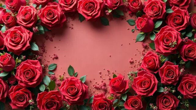 A lot of red roses with free pink space for text in the center of the frame
