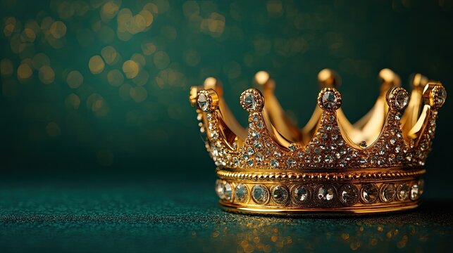 A shiny gold crown displayed on a soft green background, symbolizing royalty, elegance, and the prestige of a crown, highlighting the timeless allure of luxury, wealth, and regal authority.